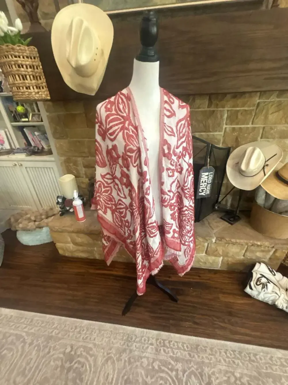 Chico's Floral Jacquard Ruana in Rust Red